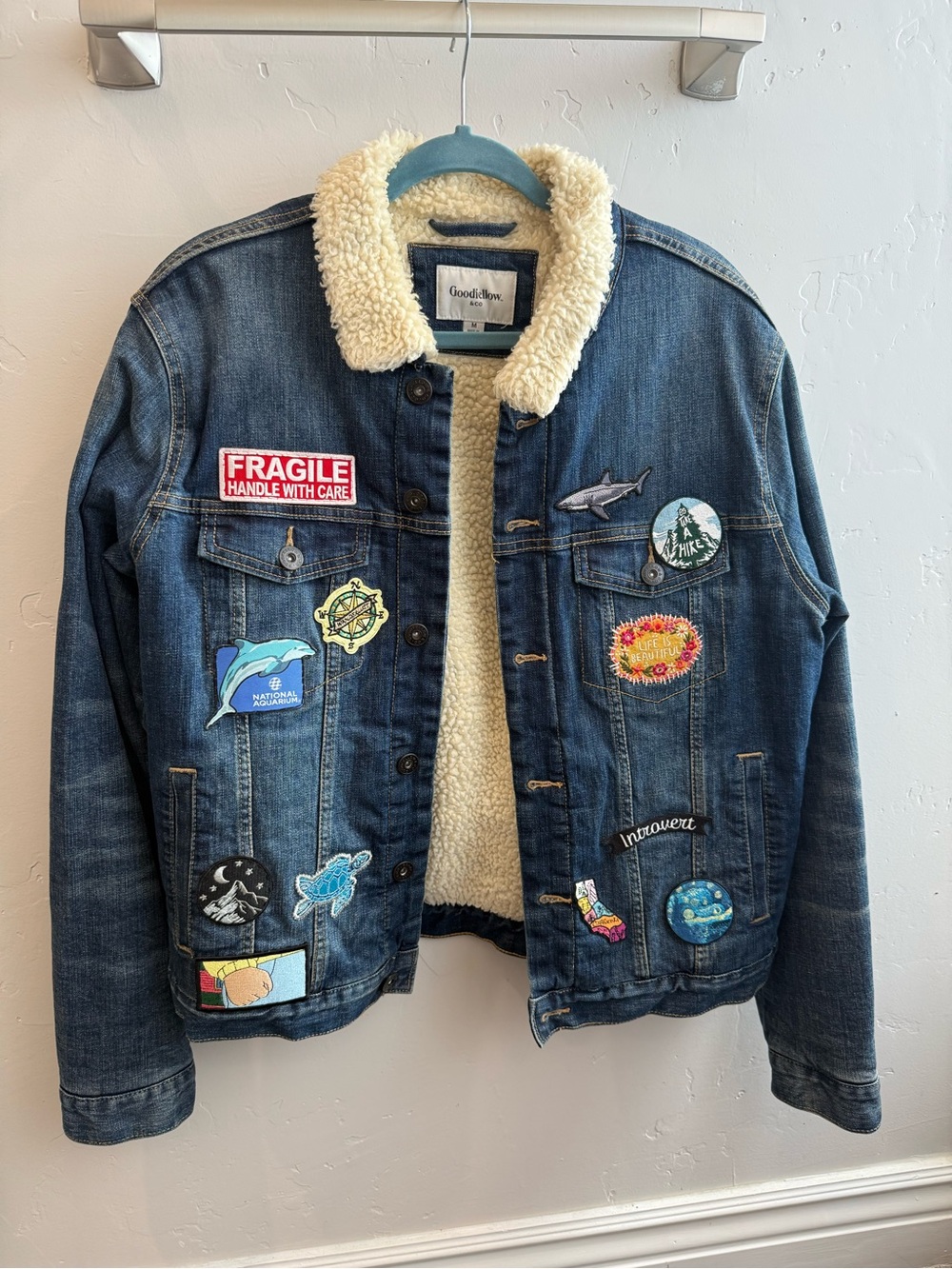 Goodfellow & Co Sherpa-Lined Denim Jacket with Patches